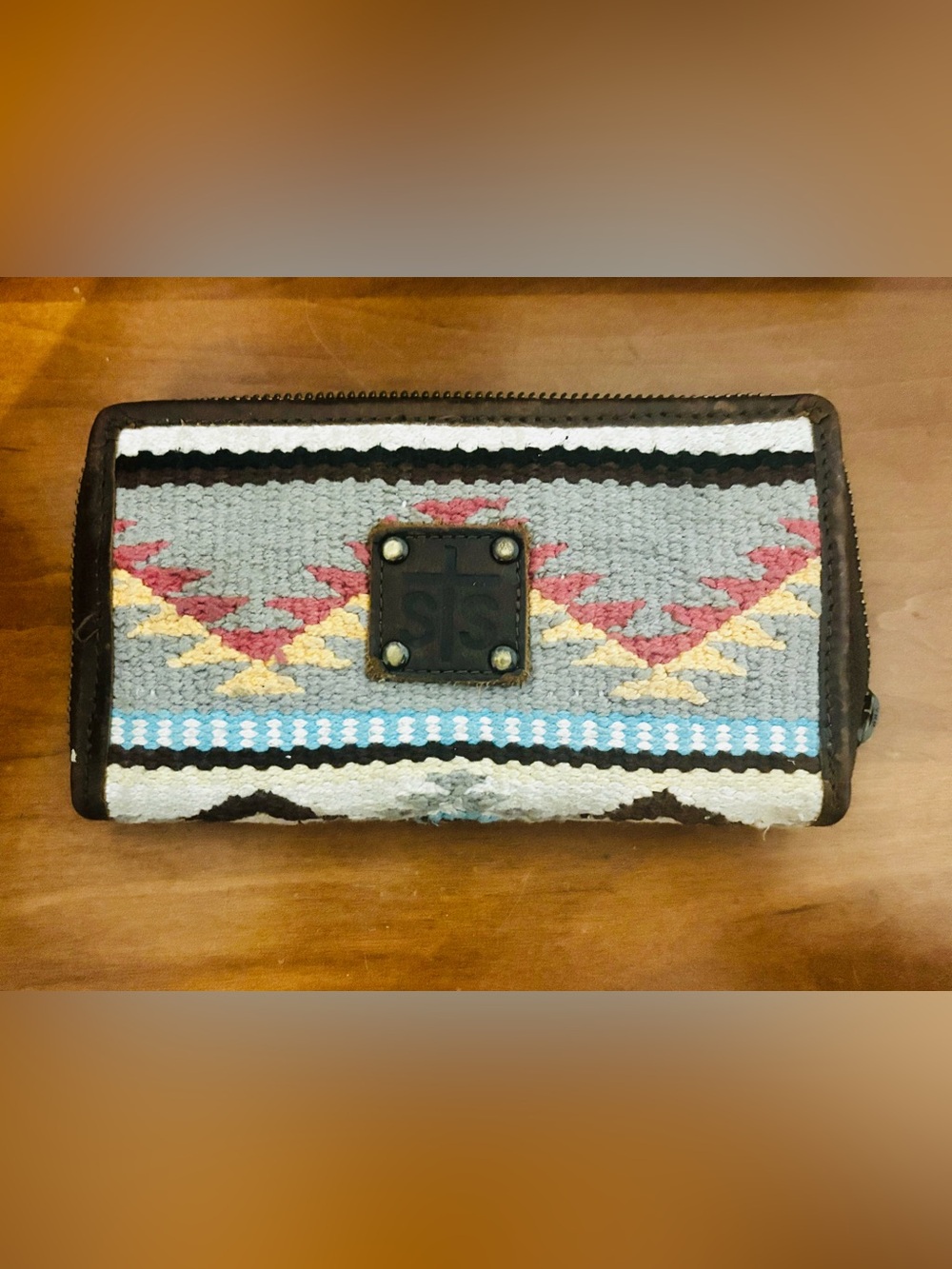STS Ranchwear Gray Southwestern Wallet Clutch with Pink Yellow and Blue Accents